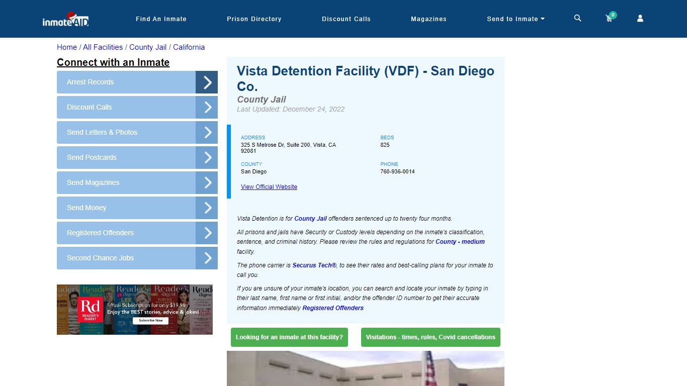 Vista Detention Facility (VDF) - San Diego Co. - Inmate Locator - Vista, CA