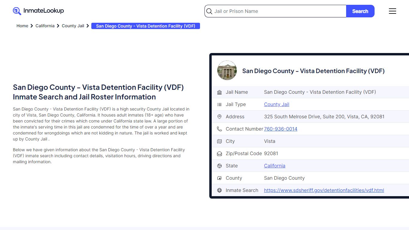 San Diego County - Vista Detention Facility (VDF) Inmate Search, Jail ...